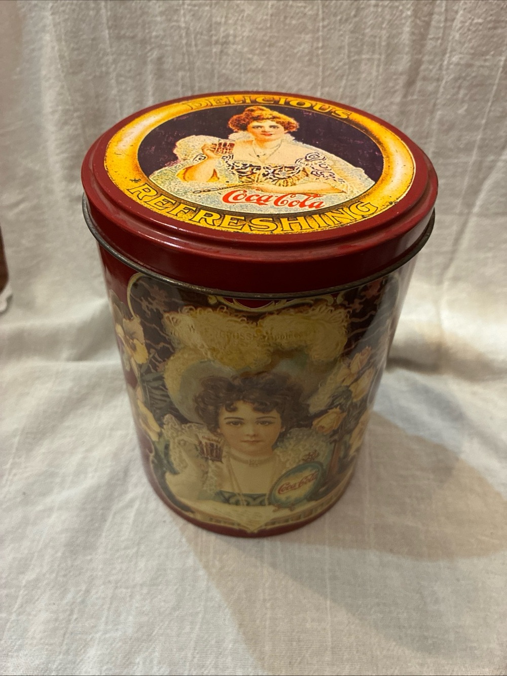 Coca-Cola Round Decorative Tin with Lady Illustration in Red and Yellow Vintage
